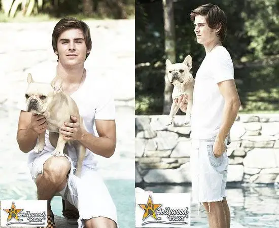 two photos of Zac Efron with his French Bulldog