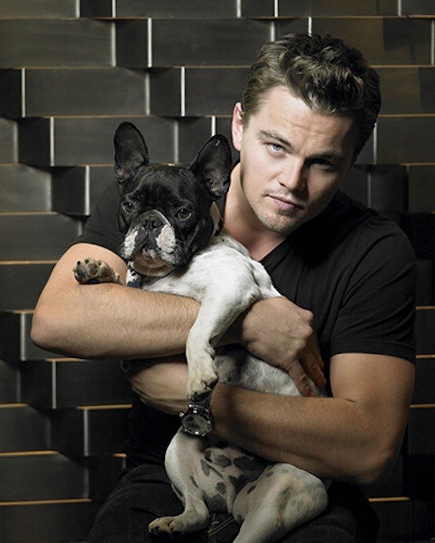 Leonardo DiCaprio hugging his French Bulldog