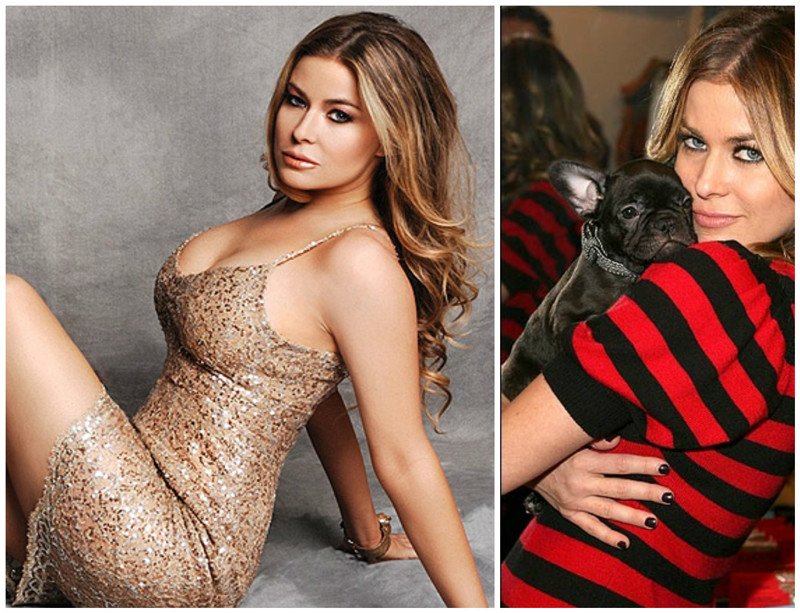 Carmen Electra hugging her French Bulldog