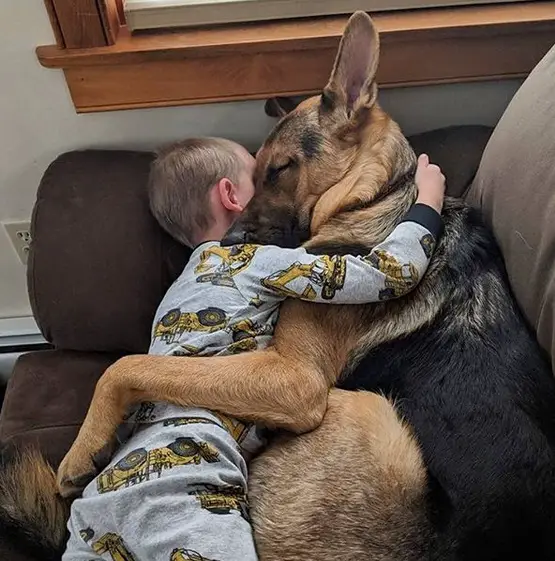 A German Shepherd sleeping while hugging a kid on the couch