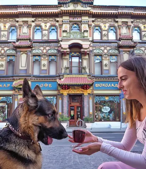 A woman showing her German Shepherd something in front a beautiful hotel