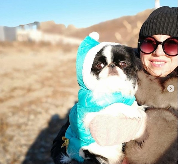 A woman carrying a Japanese Chin wearing a blue jacket