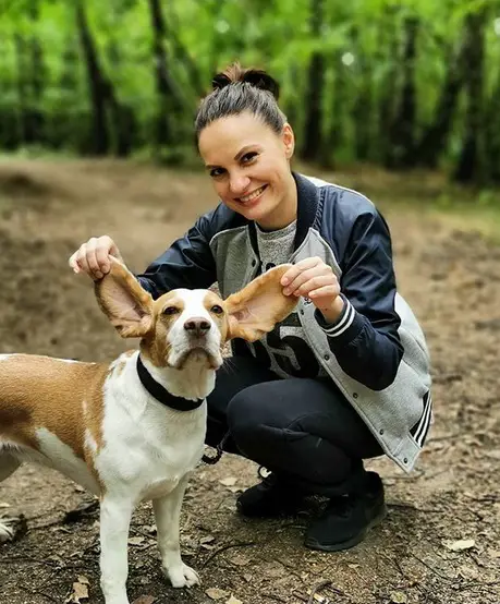 a woman in the forest while holding the ears of a Beagle standing across her