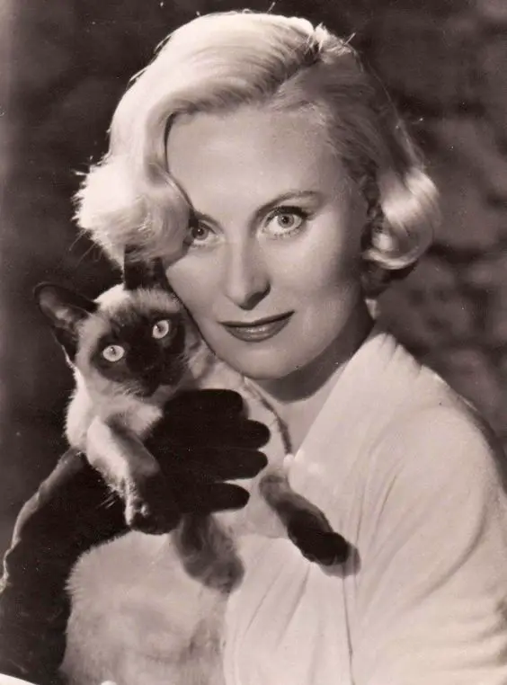 old photo of Michèle Morgan with her Siamese Cat close to her face
