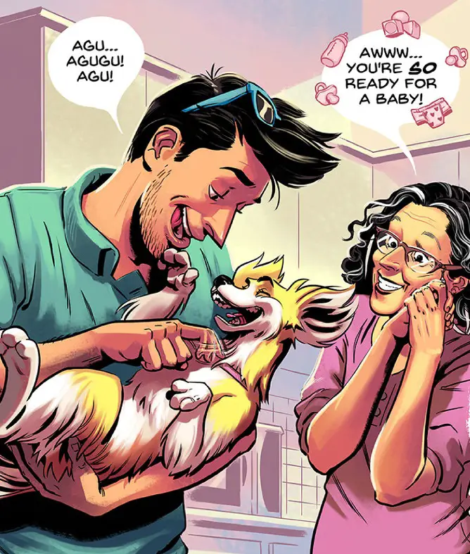 A comics of a man ticking his dog while an old lady is looking at him and saying - Aww.. You're ready for a baby!