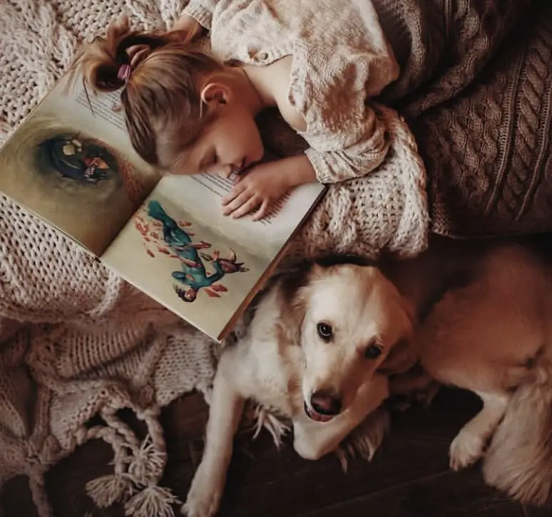 a young girl sleeping on top of the bed next to her Golden Retriever lying down on the floor