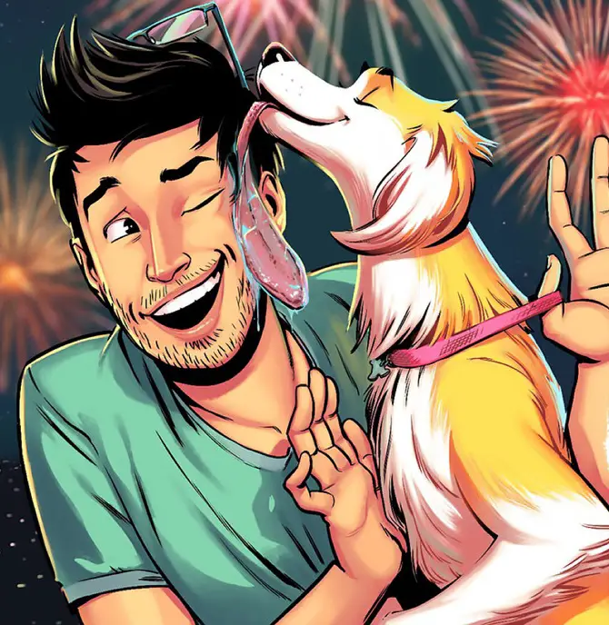 A comics of a man being licking on the cheeks by his dog