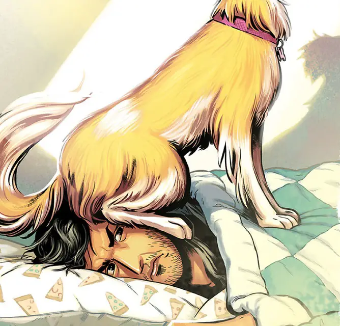 A comics of a man lying on the bed with his dog is sleeping on top of his head
