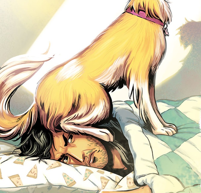 A comics of a man lying on the bed with his dog is sleeping on top of his head