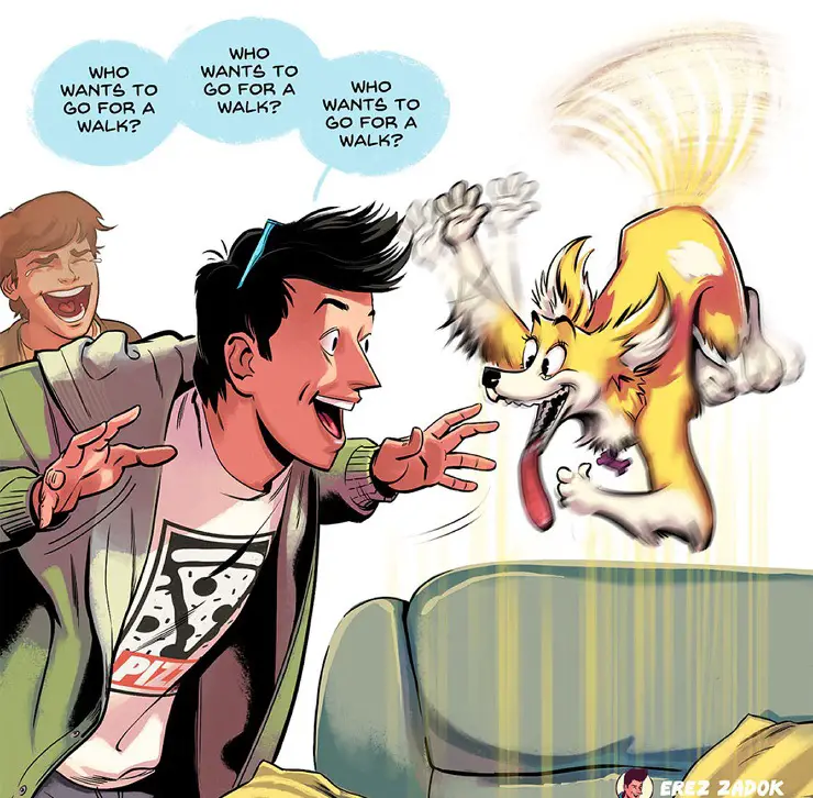 A comics of a man excitedly saying - Who wants to go for a walk? 3x to his very excited dog jumping on the couch