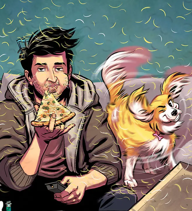 A comics eating a pizza while his dog is shaking its body beside him and with fur flying around them