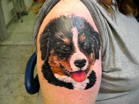 realistic Bernese Mountain puppy tattoo on the shoulder