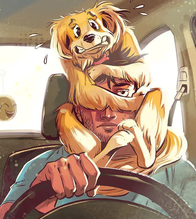 A comics of a man driving the car while his scared dog is wrapped around its head