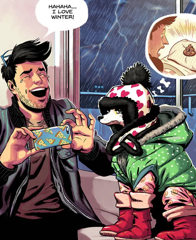 A comics of a man laughing while taking a photo of his chihuahua wearing winter clothes while his chihuahua is thinking about leaving a poop in the pillow and the man is shock after seeing it