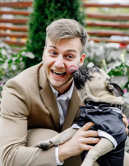 A man in brown suit holding a pug in black suit with bow tie while licking its cheeks