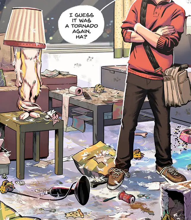 A comics of a man standing inside his messy home filled with torn things while his dog is standing on top of the side table and wearing the cover of a lamp over his head