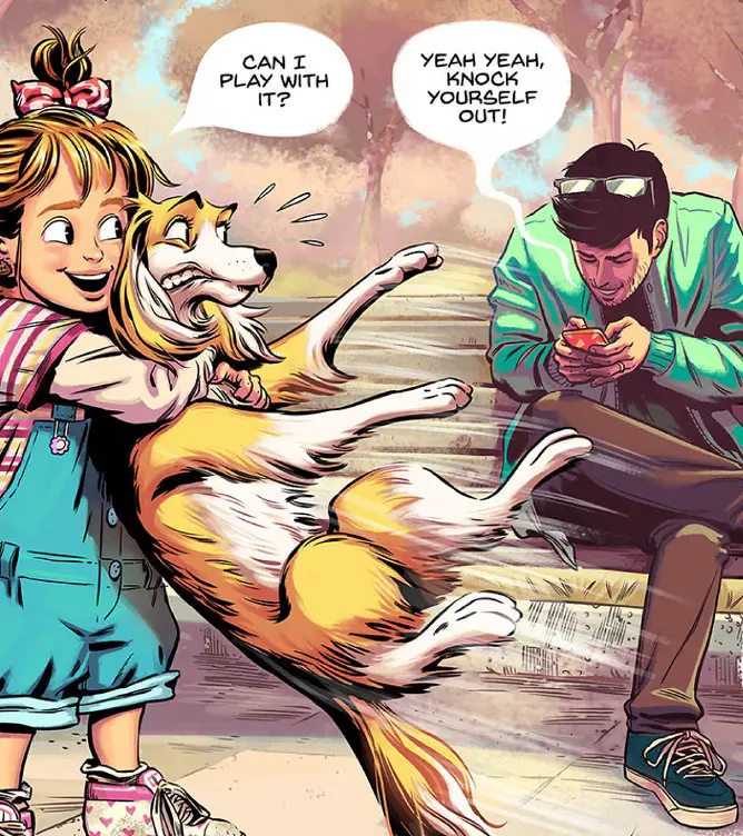 A comics of a young girl holding a scared dog while saying 