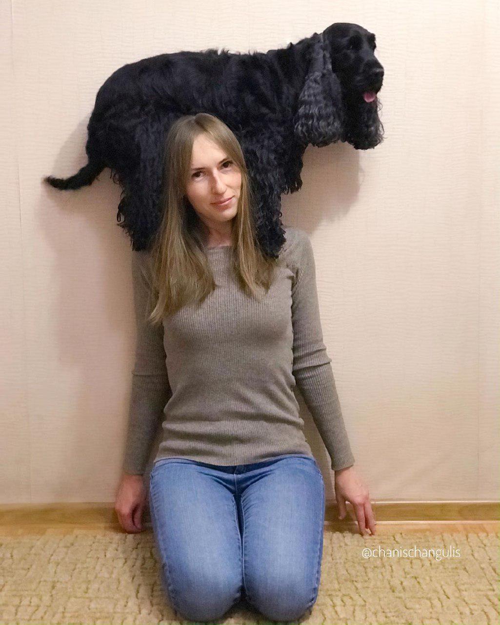 A woman sitting on the floor with a black Cocker Spaniel standing on her shoulder