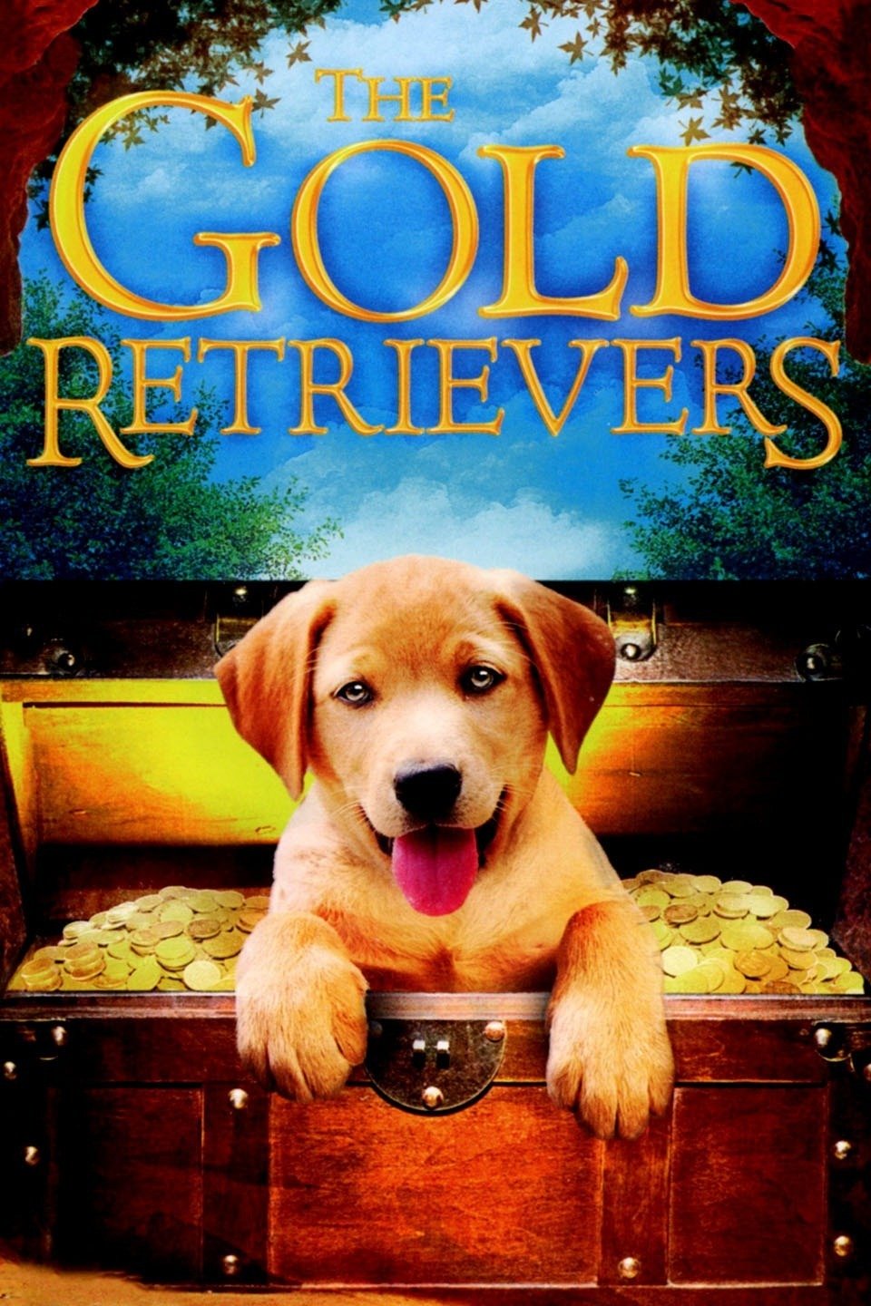 A book cover with Golden Retriever puppy sitting inside chest full of gold treasure and with title - The Gold Retrievers (2009)