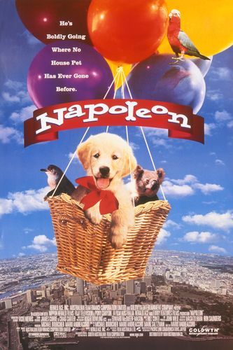 a book cover with photo of a Golden Retriever puppy inside a basket with a penguin and a koala flying in the sky with balloons and title - Napoleon (1995)