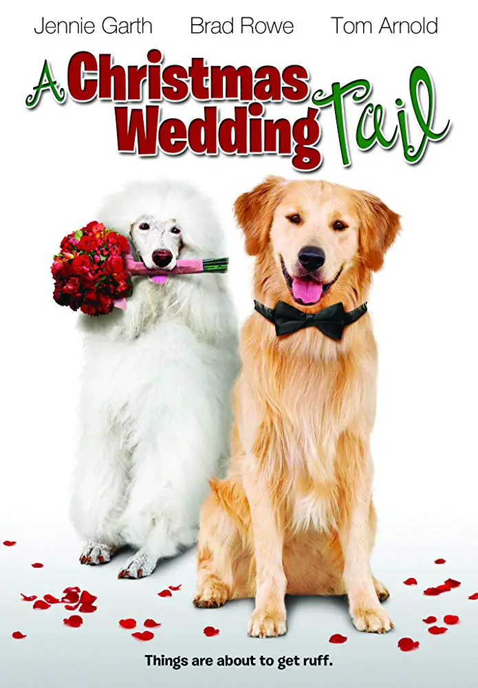 a book cover with a Golden Retriever wearing a bow tie and a poodle with a bouquet of roses in its mouth and title - A Christmas Wedding Tail (2011)