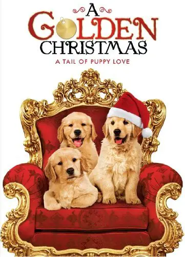 a book cover with a photo of Golden Retriever puppies sitting in a red chair and with title - A Golden Christmas (2009)