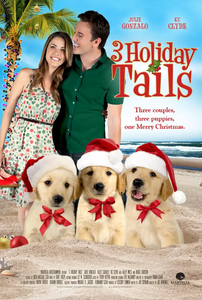 A book cover with a photo of three Golden Retriever puppies in the sand and with couples behind them at the beach and with title - 3 Holiday Tails (2011)