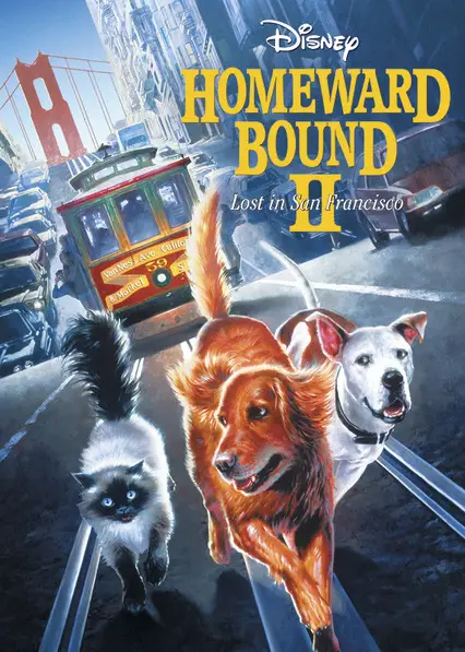 A book cover with the photo of a Golden Retriever running in the street with another dog and a cat and with title - Homeward Bound II: Lost in San Francisco (1996)