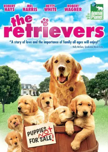 A book cover with a photo of an adult Golden Retriever with puppies in a barrel and with title - The Retrievers (2001)