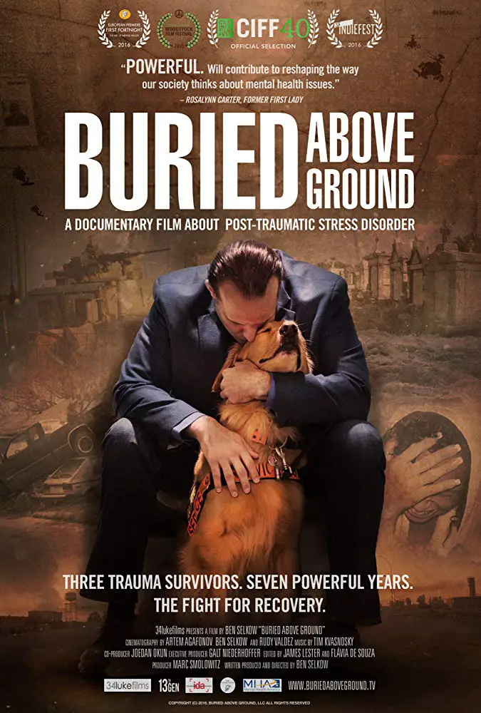 A book cover with a photo of a Golden Retriever being hugged from behind by a man and with title - Buried Above Ground (2016)