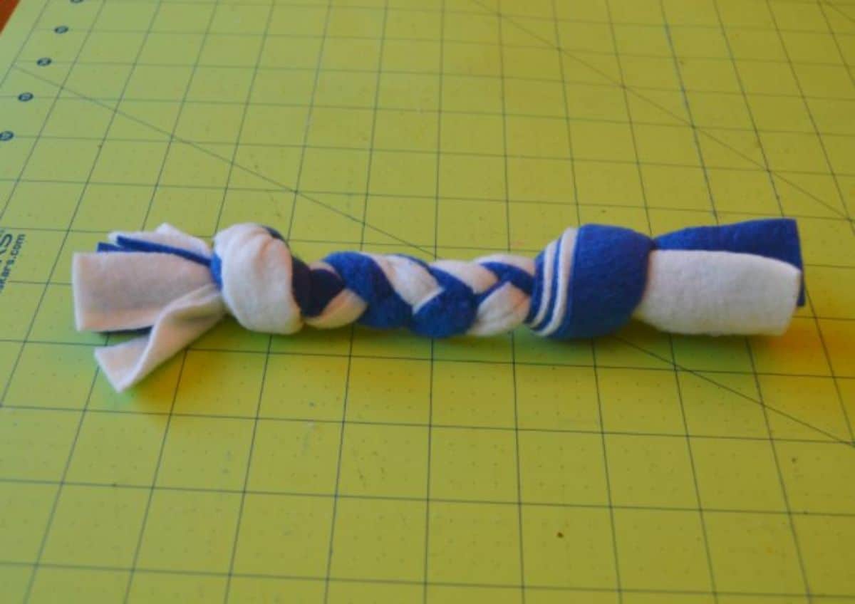 DIY 3 strip tshirt hem tug toy 